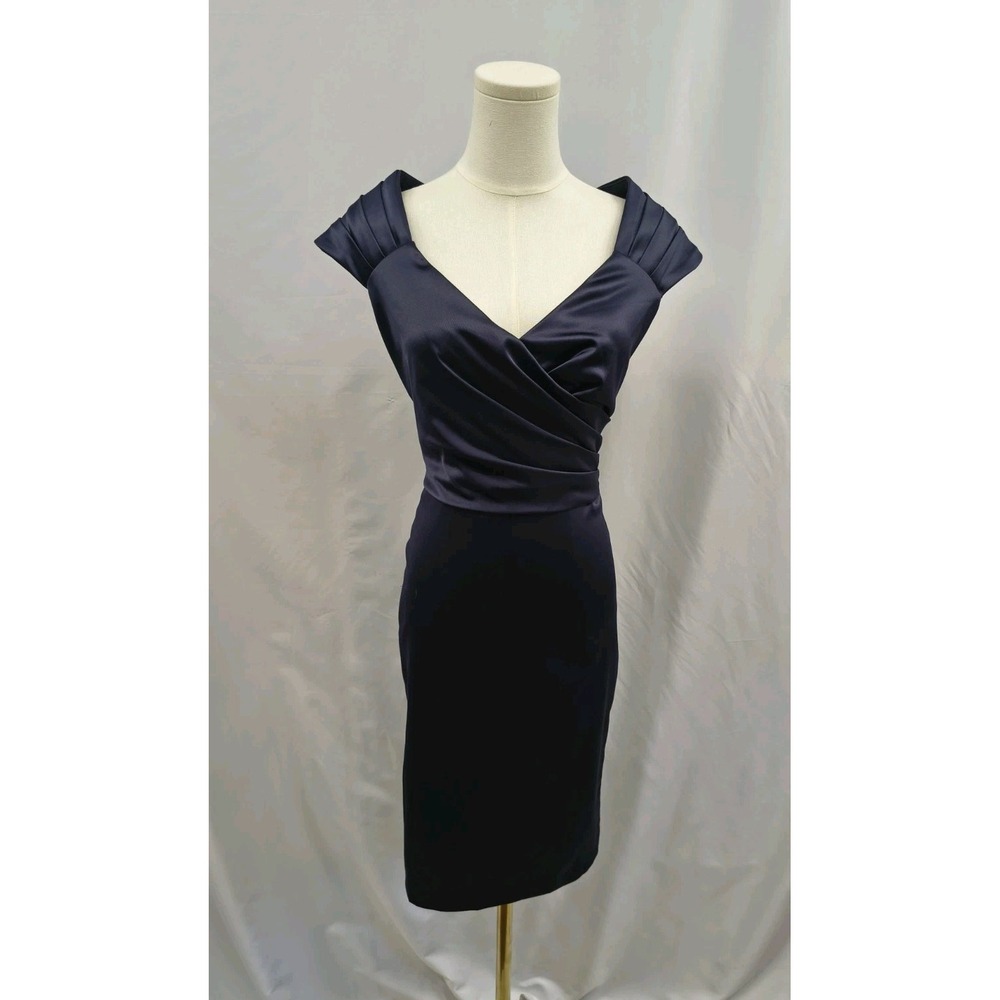 Patra Satin Dress Cocktail Party Navy Blue Crossover Front Pencil Cut USA Made 6